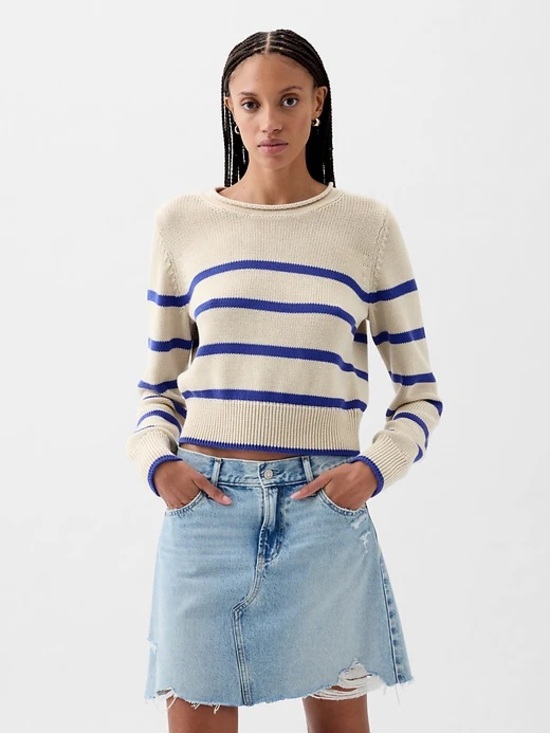 GAP Sweaters - Gap 2024 Roll Neck Sweater Blue and White Fisherman Cropped 100% Cotton Size XS